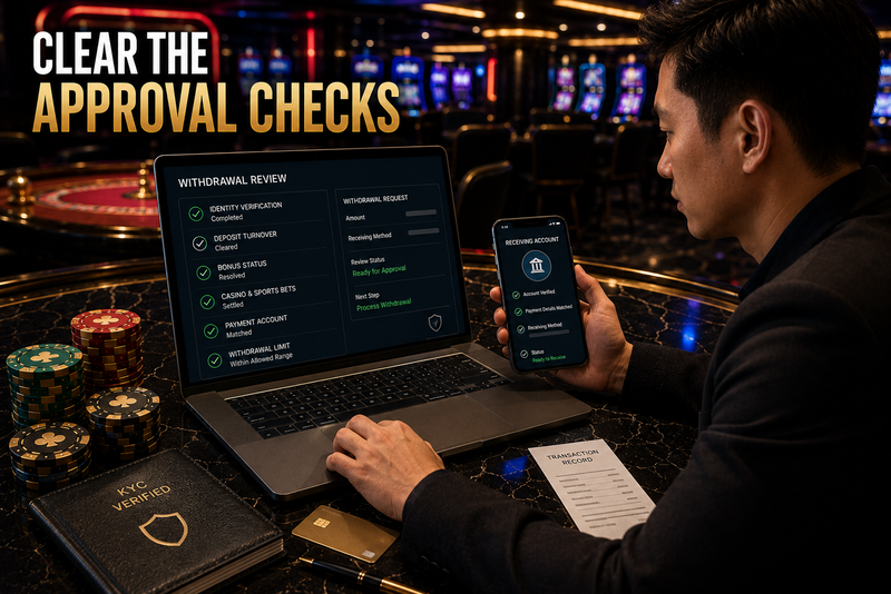 Player checking KYC bonus turnover and payment details before casino cashout