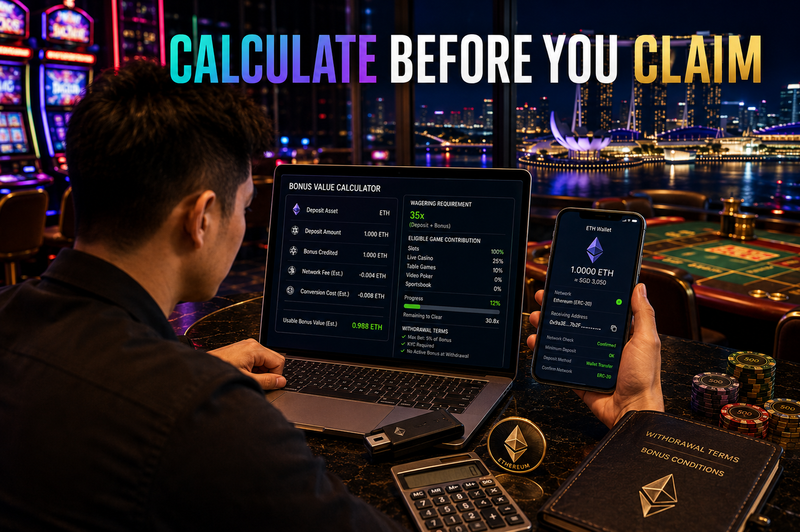 Best Ethereum Bonuses from Crypto Casino Singapore Sites Player checking Ethereum casino bonus turnover network fees and withdrawal rules